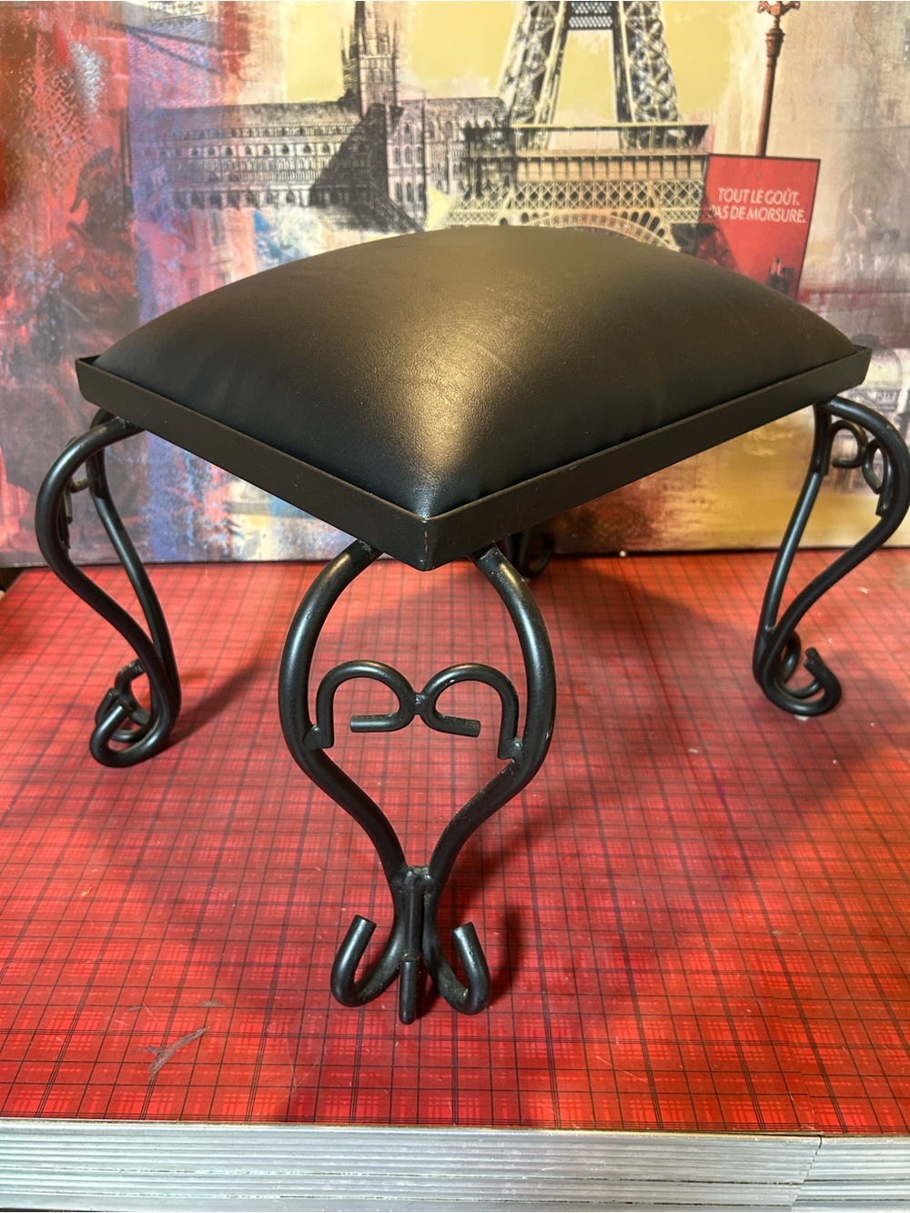VINTAGE wrought iron/Faux Leather FOOTSTOOL